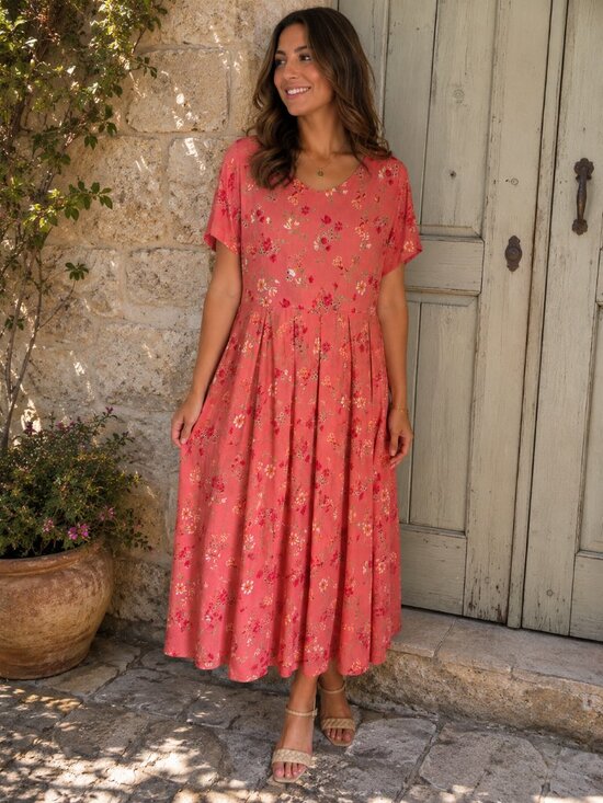 Erika Dresses & Skirts - Women’s Coral Floral Spring Summer Casual Scoop-Neck Padded Shoulders Dress